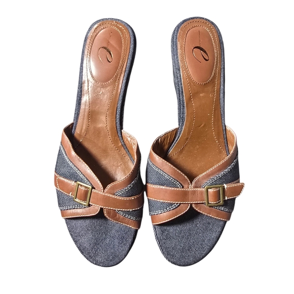 Easy Spirit Size 9.5 Tan Leather and Blue Denim Slide On Heeled Sandals NO BOX - Picture 1 of 8